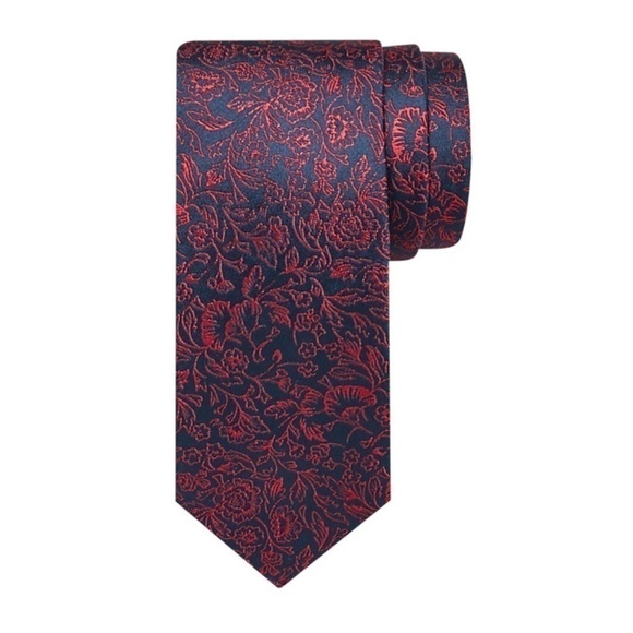 𝅺egara Red & Navy Floral Narrow Tie - 100% Silk - Picture 1 of 13